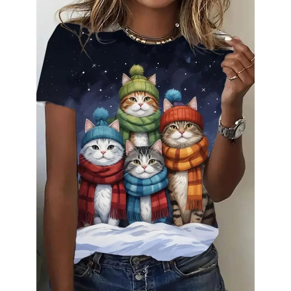 3D Kitten Print Women s T-shirt Everyday Casual Women s Fashion Short Sleeve Women s Loose And Comfortable Christmas Top S
