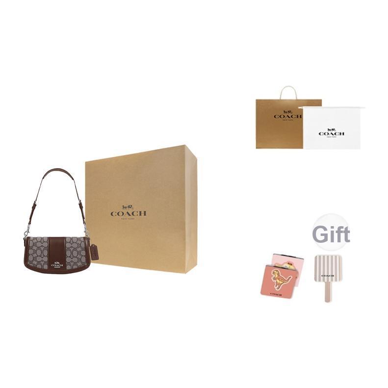 Coach Andrea 24 Classic Logo Buckle Closure Leather And Fabric Tote Shoulder Bag Medium Women Bags Oak Maple-Brown CT767-SVS8S