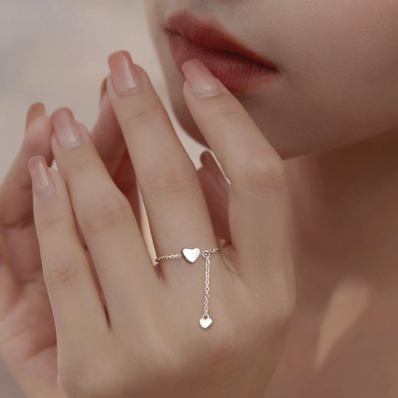 Einfache Herz Quaste Verstellbare Ringe Silberfarbe Kette Anhänger Ring Romantische Kreisringe Frauen Mädchen Fingerschmuck