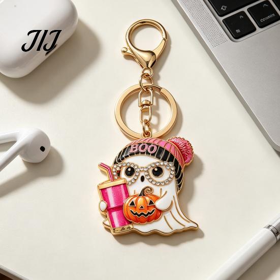 Holding Milk Tea Ghost Keychain Halloween Cartoon for Backpack, Alloy Pumpkin Keyring, Handbags Backpack Accessories Festive Party Favor
