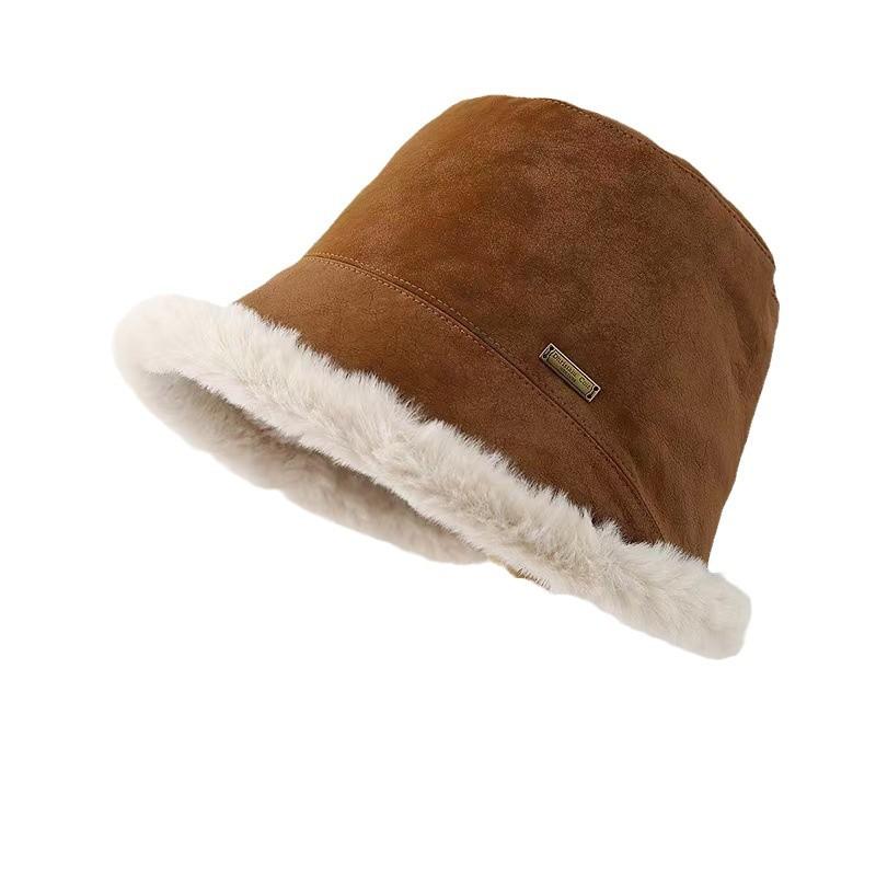 New autumn and winter versatile leather plush burrs bucket hat women's front long rear short ear hat