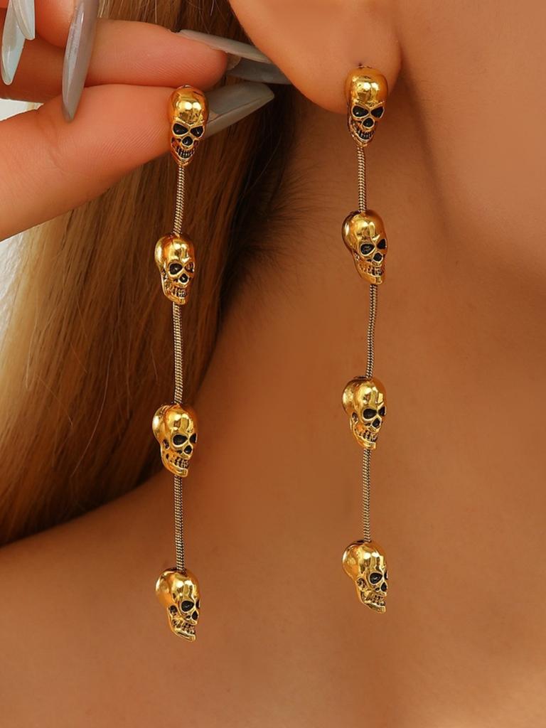Women's Halloween Earrings, Punk Vintage Alloy Skull Dangle Ear Rings, Long Tassel Design, Unique Party Jewelry Accessory