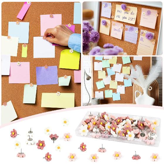 50 Cute Flower Push P for Corkboard & Bulletin Board - Decorative Floret Thumb Tacks for Office, Photo & Poster Wall