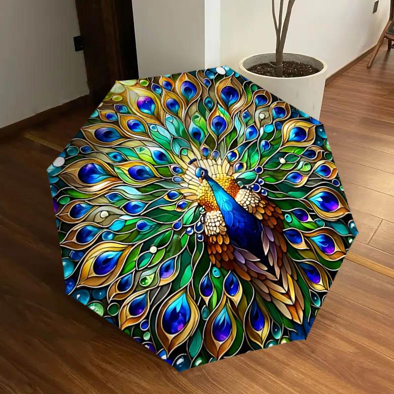 

Stained Peacock Design Automatic Opening Folding Umbrella with 8-Bone Iron Frame, Suitable for Fans, Travel, Daily Use, Festive Gift1121337a
