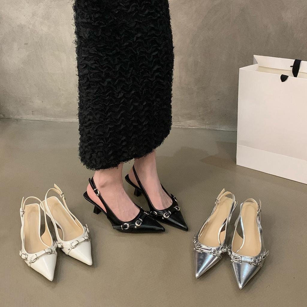 Temperament black patent leather pointed head bag head empty sandals women 2025 new spring and autumn stiletto high heels single shoes women