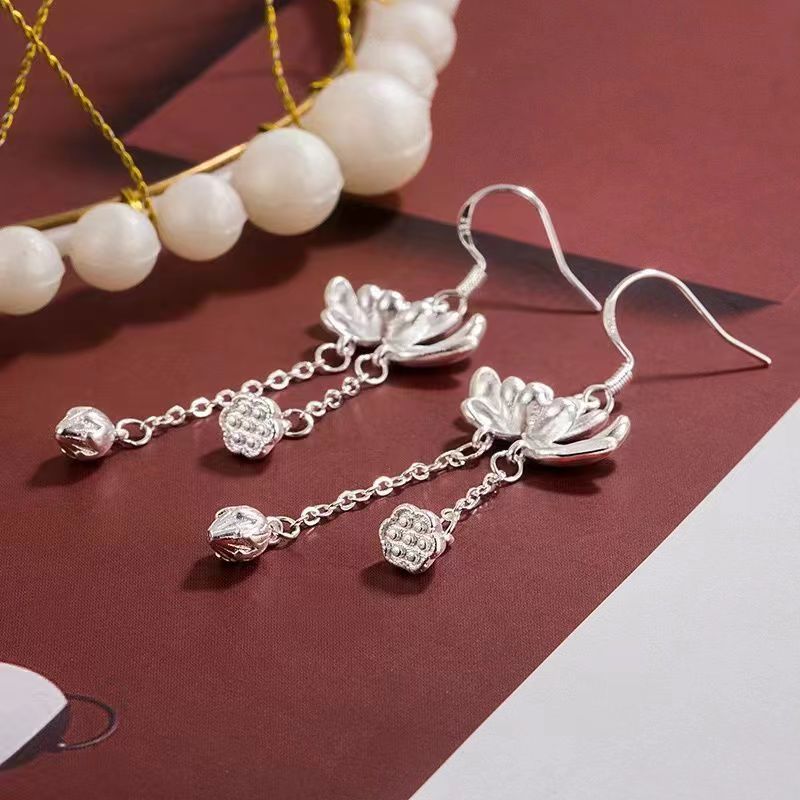 Women Casual Shopping Silver Flower Zircon Tassel Earrings