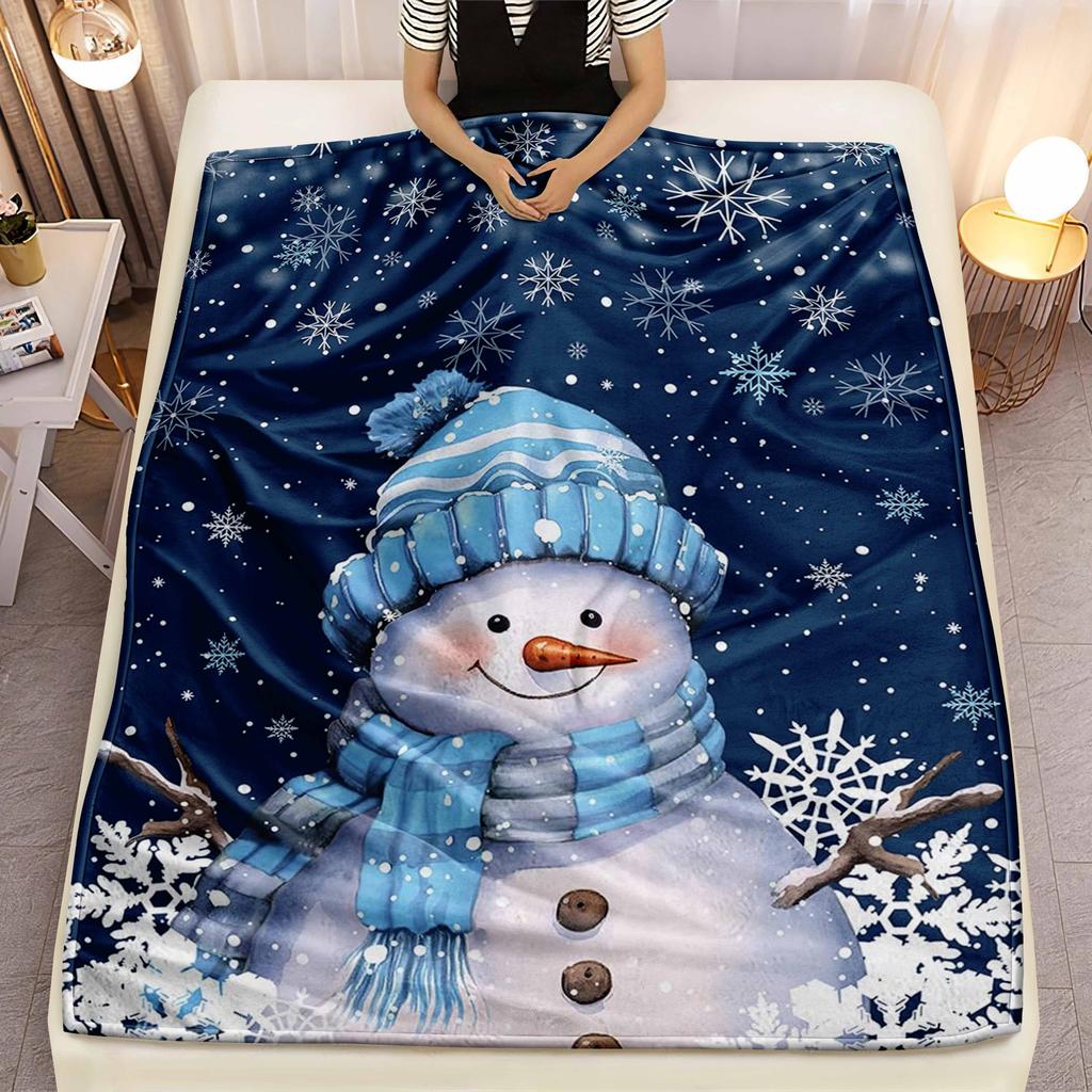 1pc Christmas Snowman Winter Blanket - Holiday Blue Flannel, All-Season Reversible, for Boys Girls, Adult Gift