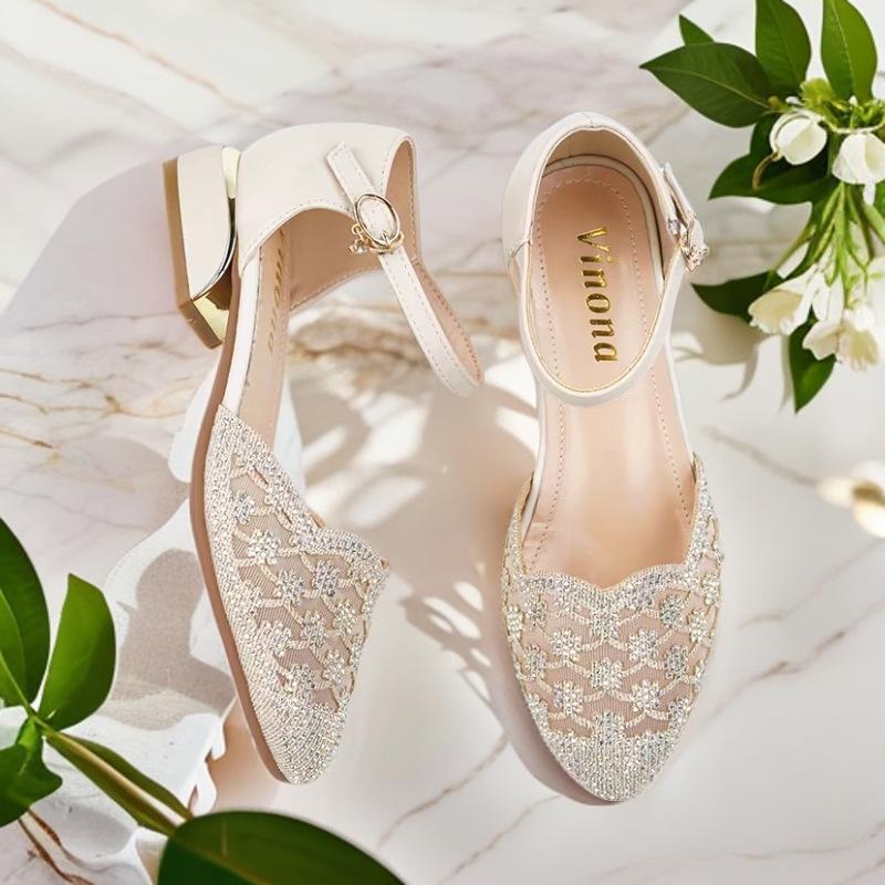 Sandals Summer New Bag Head Middle Heel Shoes Women's Rhinestone Mesh Women's Shoes Hollow Single Shoes Sandals