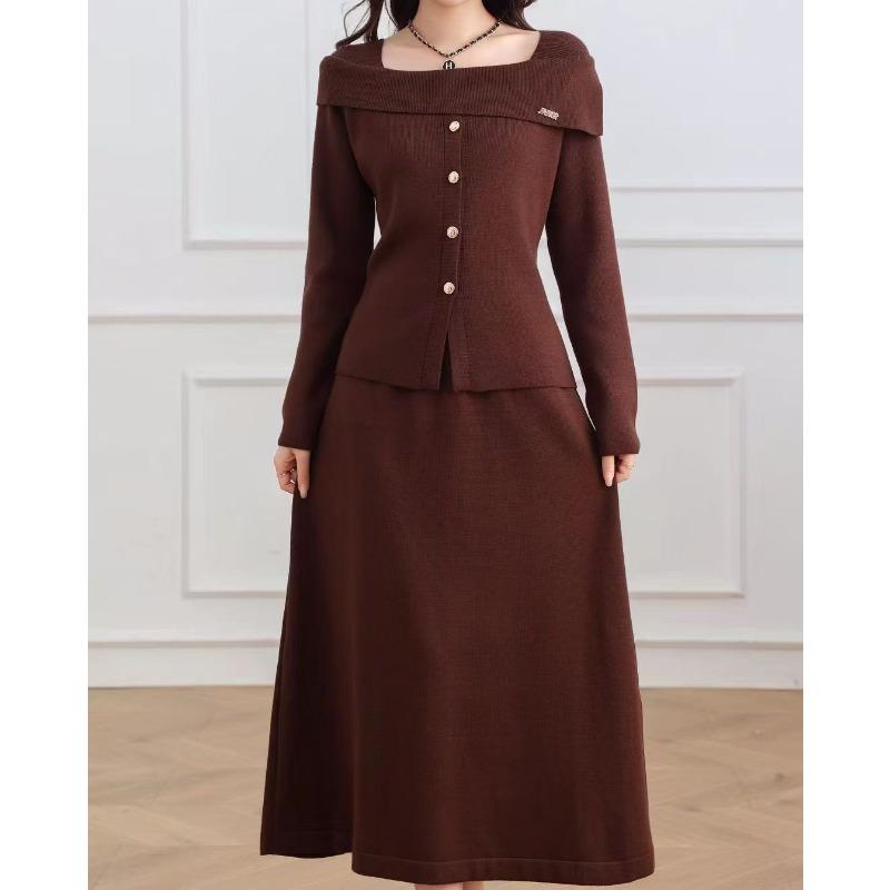 Elegant wind one-word shoulder knitted sweater skirt set women's autumn and winter new temperament thin sweater two-piece set