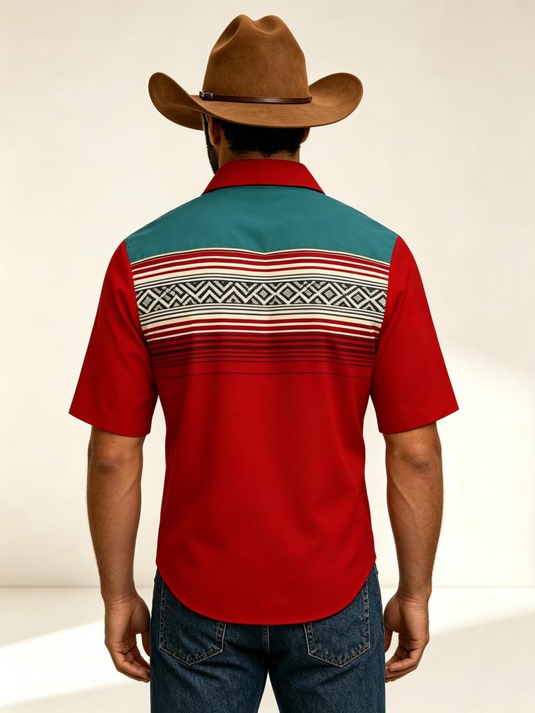 [Print Design - Not Texture] Men'S Western Style Color-Block Print Short Sleeve Shirt, Summer New Lapel Geometric Striped Casual Shirt, Suitable for