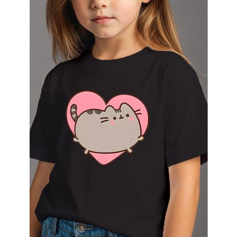 

Милая детская футболка из чистого хлопка с принтом в виде кошки и сердца, забавная футболка с принтом, мягкая и дышащая футболка с круглым вырезом 110 чёрный