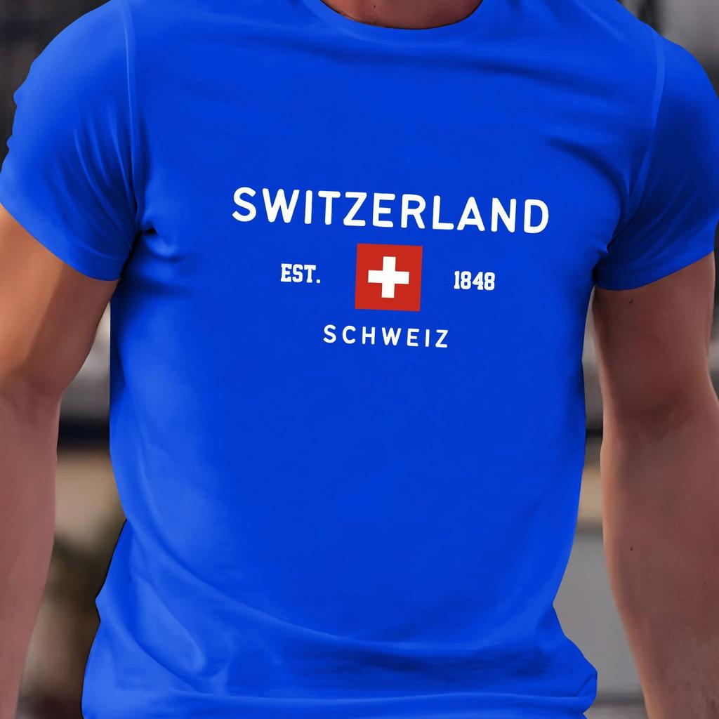 Summer Men's 100% Pure Cotton Casual Loose Plus Size Switzerland Pattern Printed Round Neck Short Sleeved T-shirt Top