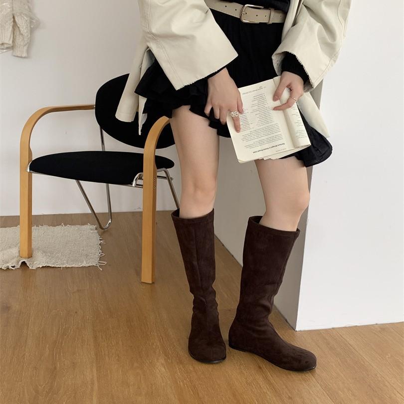 Suede Skinny Boots Fashion Boots Autumn and Winter 2025 New Round Head Long Cylinder Inner Height Increasing Stacking Boots European and American Cowb