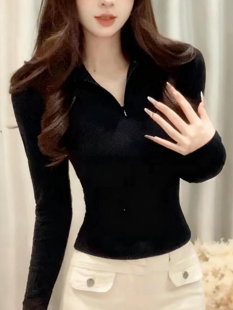 Women's Slimming Half-Zip Lapel T-Shirt - American Minimalist Style for Autumn/Winter
