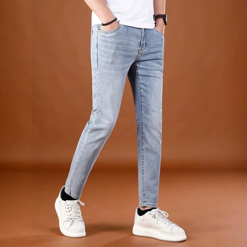 Summer New Washed Blue Thin Jeans Men's Trend Versatile Simple Men's Slim-fitting Small Feet Nine-point Pants