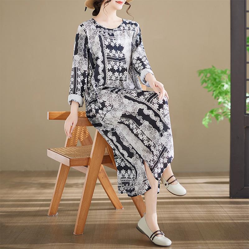 2026 Spring Plus Size Printed Long Sleeve Round Neck Women s Dress 3XL