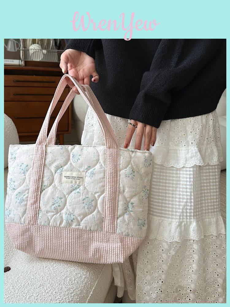 Stylish Korean Canvas Tote Bag With Floral Patchwork Design For Casual Use And Shopping