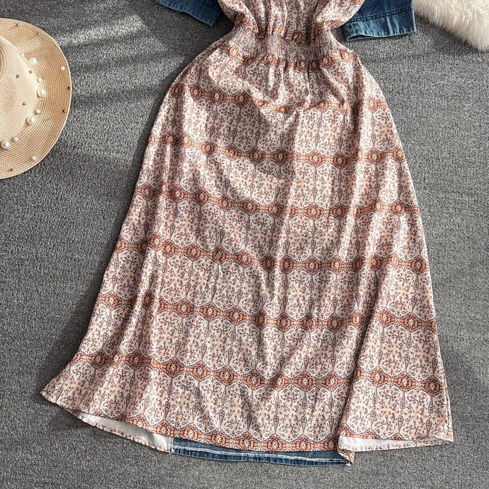 Nya sommarkvinnor tryck V-ringning enkelknäppt kortärmad broderi chiffong lapptäcksarbete mode elegant vardagsklänningar