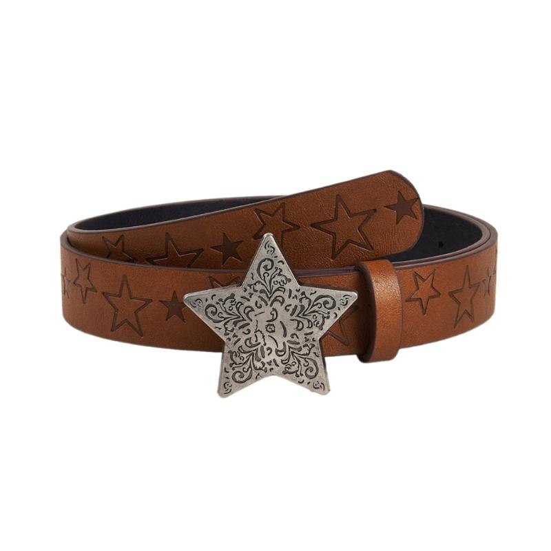 Engraved Faux Leather Belt Women Jeans Vintage Star Pattern Buckle Waist Belt 1