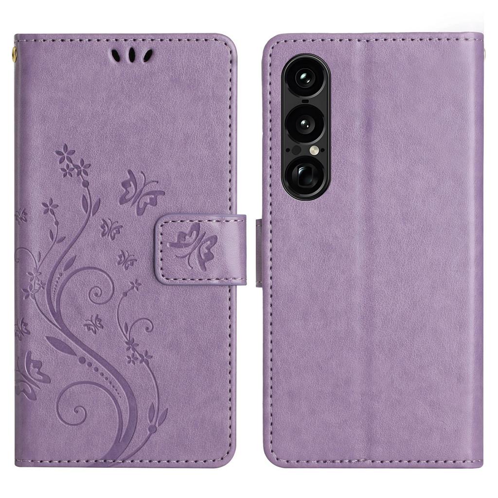 Dla Sony Xperia 1 VII Skórzane etui portfelowe z nadrukiem motyla i kwiatów, pokrowiec na telefon ze smyczą