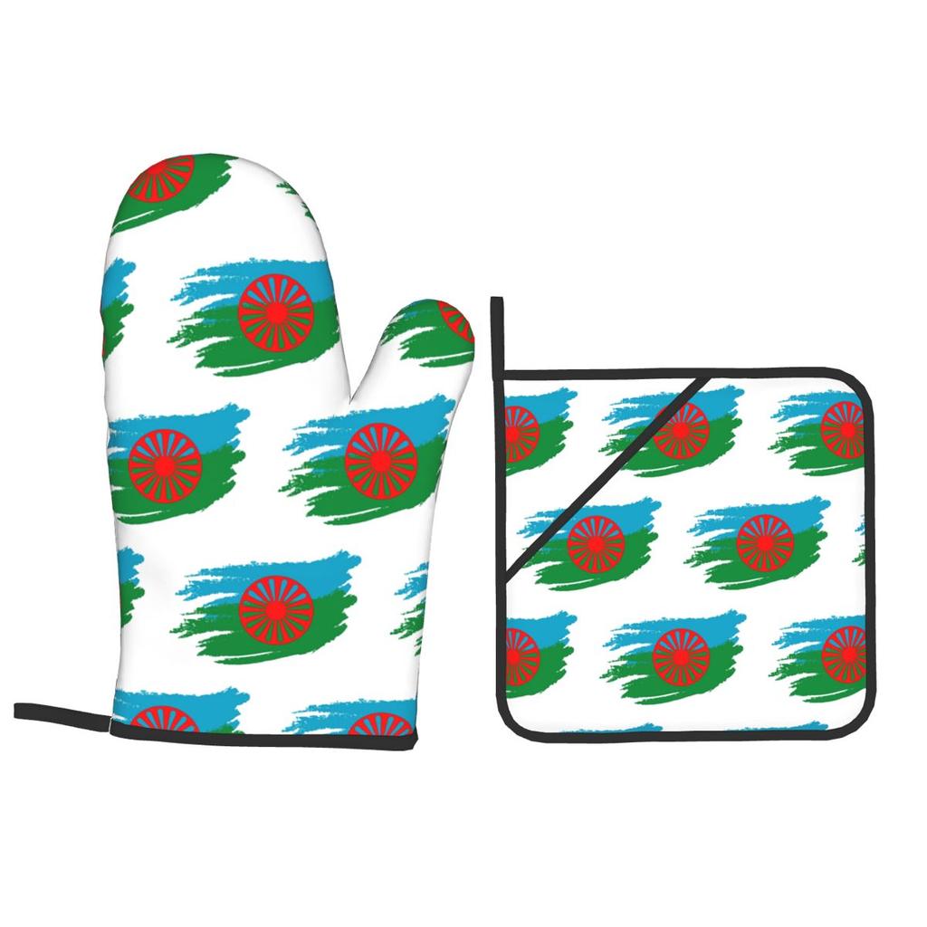 Rom Gypsy Romani Flag Oven Mitts and Pot Holder Sets of 2 for Baking Kitchen Cooking BBQ Resistant Non-Slip Gloves