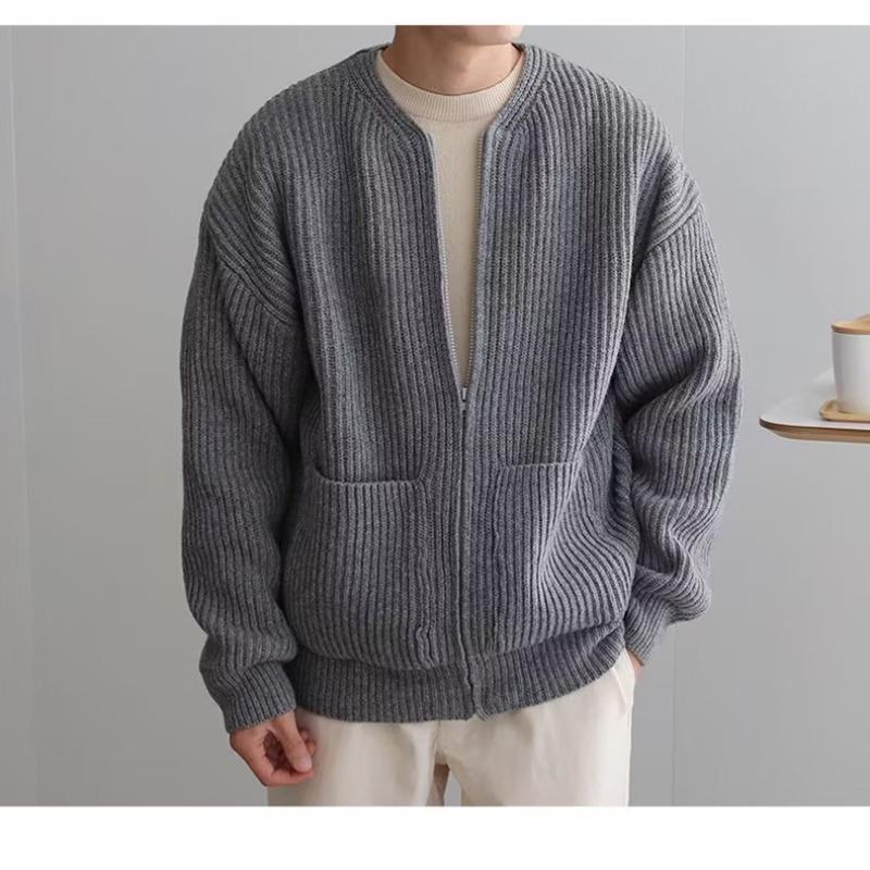 2025 Men's Autumn/Winter Korean Style Loose Casual Knit Cardigan Crew Neck Sweater