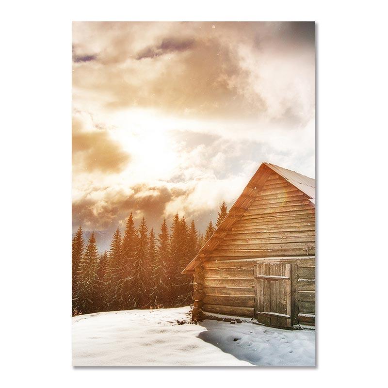 Minimalist Modern Nordic Wall Art Mood Poster Beige Winter Forest Wooden House Painting Wall Pictures for Living Room Decor