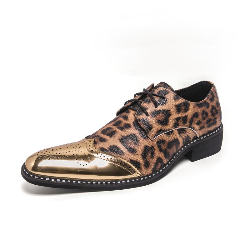 Men s Large Pointed Toe Leather Brogue Loafers - Shiny Leopard Print, British Style 40