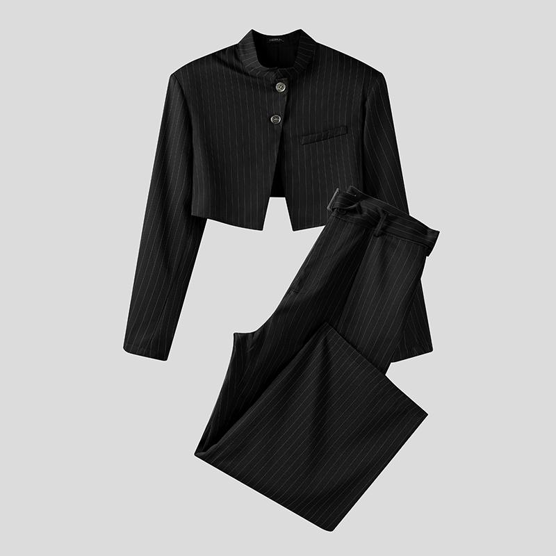 INCERUN Men Striped Outfits Stand Neck Long Sleeve Crop Tops Zip-Up High Waist Long Pants Sets