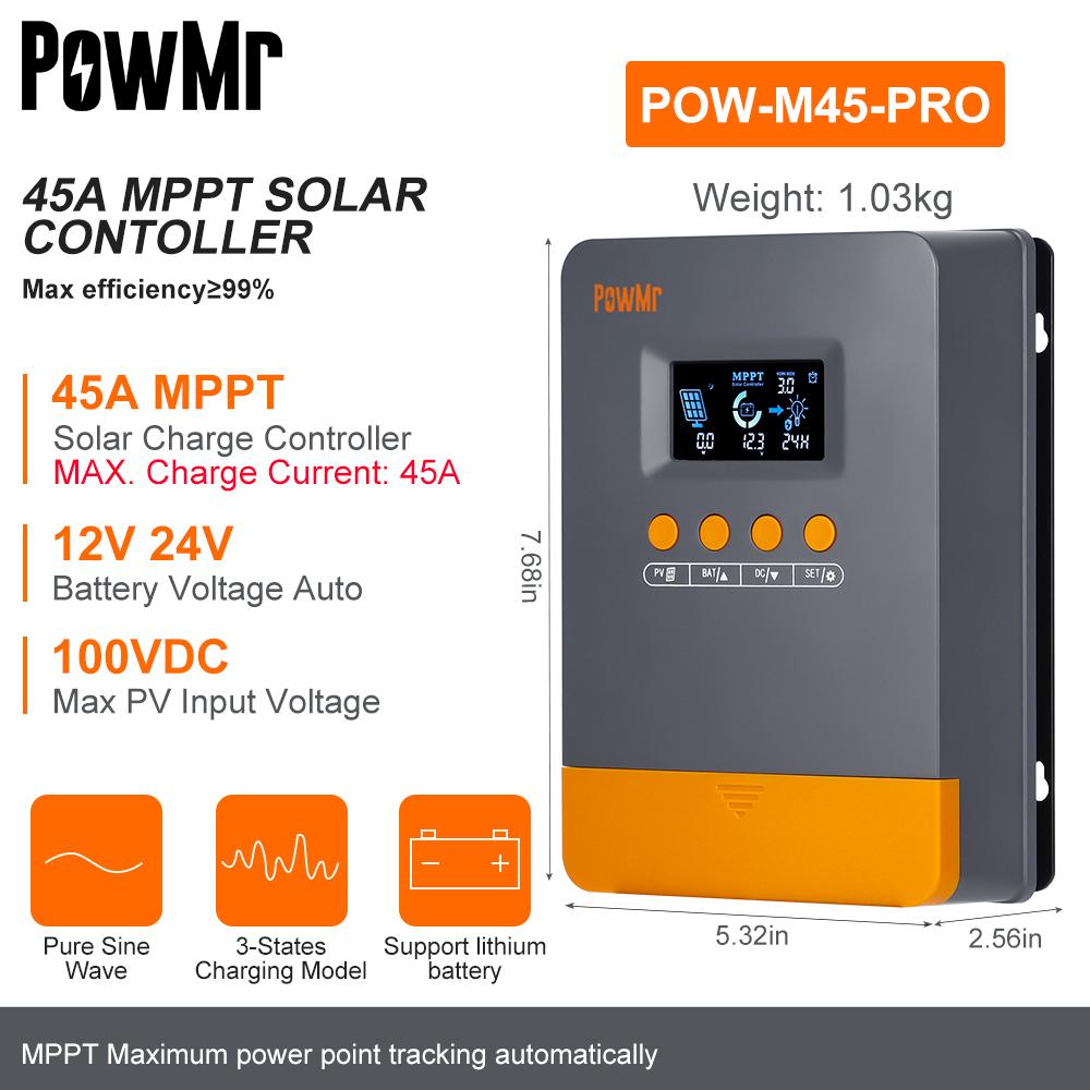 PowMr 20A 25A 30A 35A 40A 45A MPPT Solar Charge Controller for 12V 24V Lead-acid/Lithium Battery Solar Regulator Back-light LCD