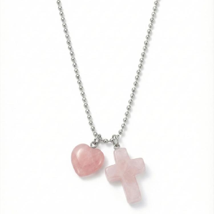 

Fashionable Adjustable Length Heart And Crucifix Necklace Natural Stones And Steel Chain Jewelry For Daily Wear