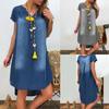 Damenmode Lässig Farbe V-Ausschnitt Gerade Kurzarm Locker Denim-Kleid