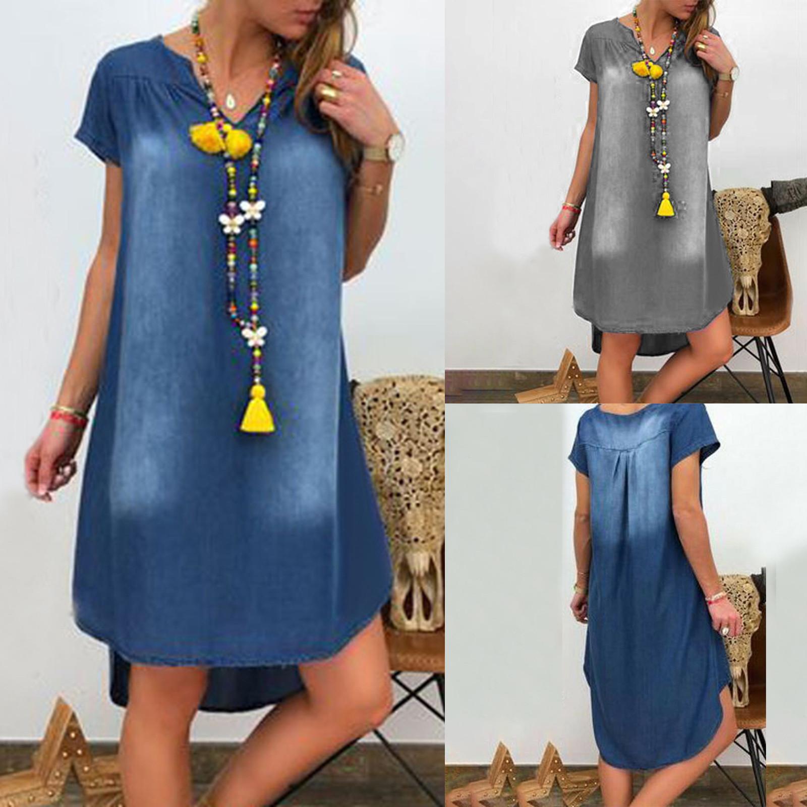 

Женское модное повседневное однотонное свободное джинсовое платье с v-образным вырезом и короткими рукавами