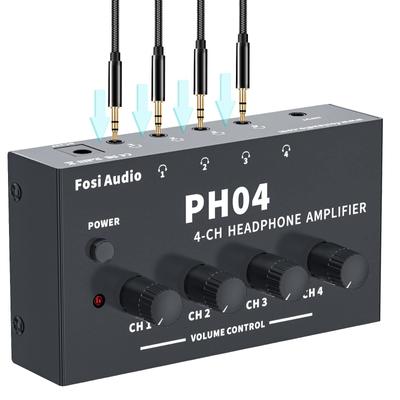 Fosi Audio PH04, 4kanálový sluchátkový zesilovač, stereo audio zesilovač, kovový, ultra kompaktní přenosný, sluchátkový rozbočovač, samice, AUX distribuce, černý