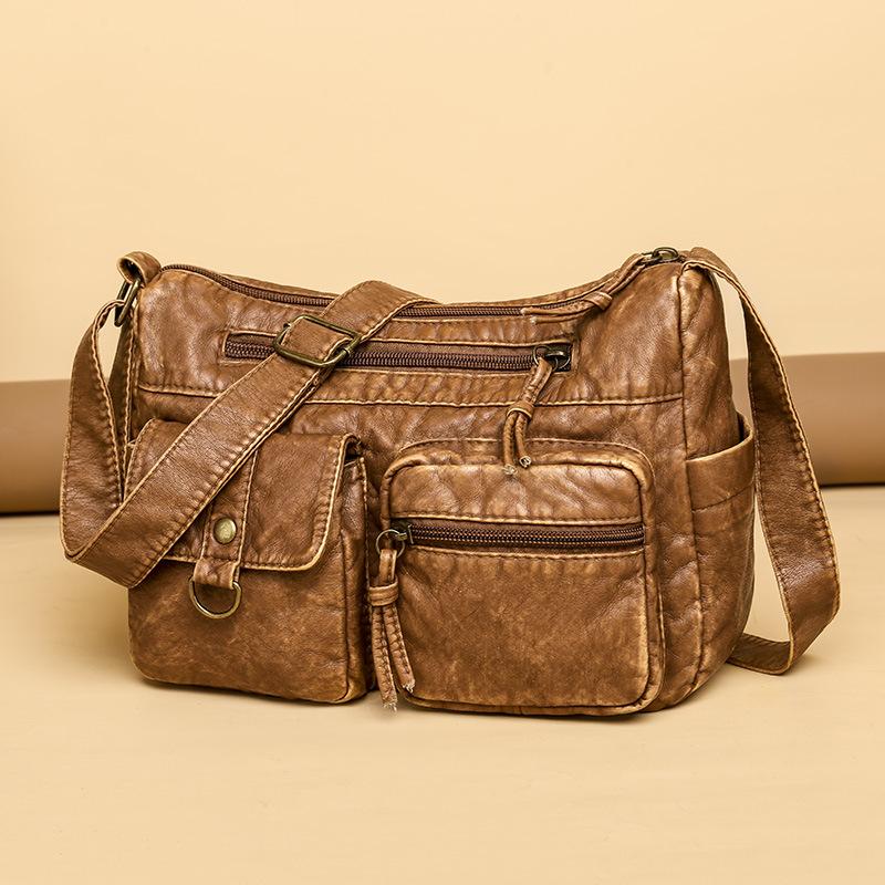 Vintage Women Shoulder Bag Large Capacity Crossbody Bag Soft Washed Leather Messenger Bag Multi Pocket Casual Tote Purse