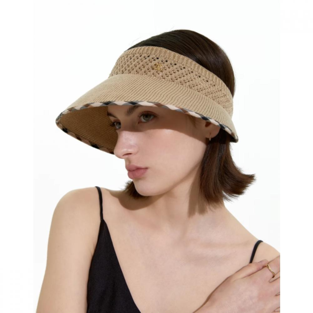 Daks Beige Linen Blend Check Pattern Packable Sun Cap Dche6e108i2