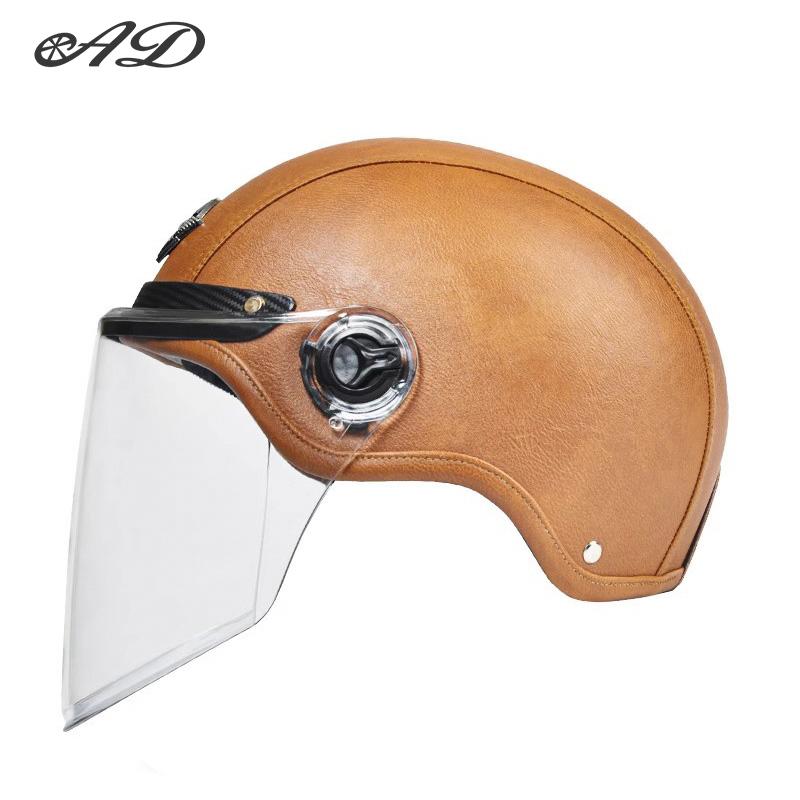 AD Retro Motorcycle Helmets with Harley Visor Leather Helmet for Man Electric Motorbike Vintage Protected Motor Safety Cap