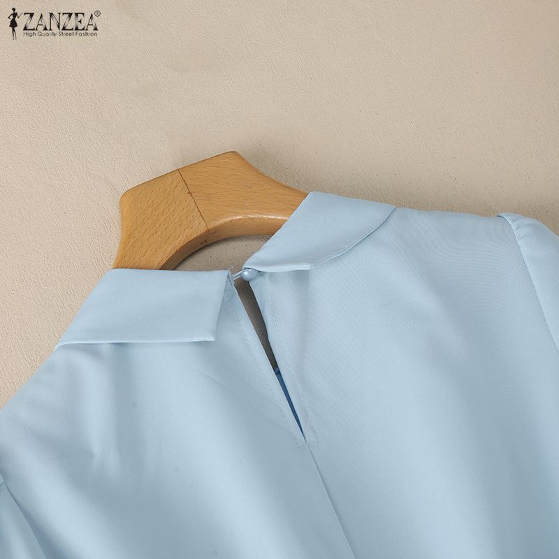 ZANZEA Women Casual Turn Down Collar Solid Color 3/4 Sleeve Loose Dress