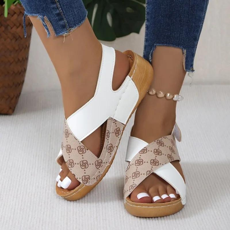Summer Fashion Paragraph Mix Color Wedge Sandals for Women Comfortable Non Slip Beach Shoes Woman Leather Platform Sandalias
