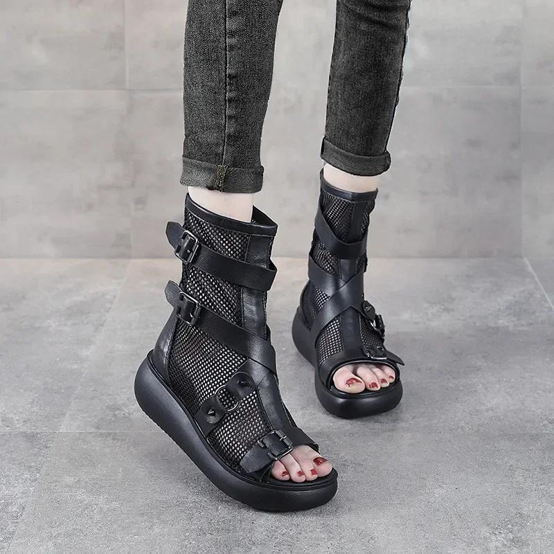 Fashion 6CM New Fashion Women Wedges Sandals Summer Air Mesh Cool Boots Ladies Genuine Leather Open Toe Platform Gladiator Sandals Black
