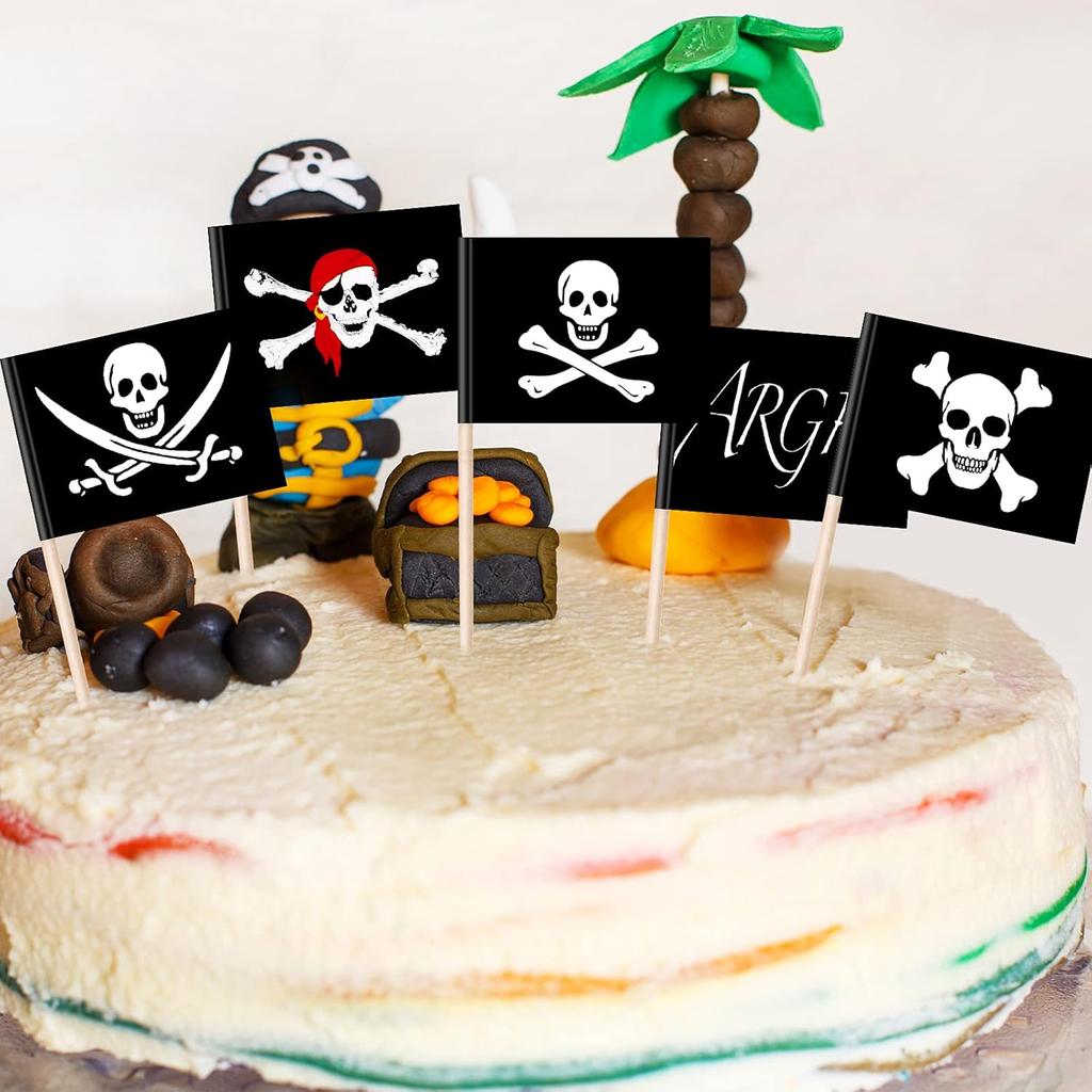 100 Pieces Pirate Cupcake Toppers Pirate Flag Toothpicks Cocktail Picks Food Picks Flags for Party Food Appetizer Cupcake Cocktail Decorations