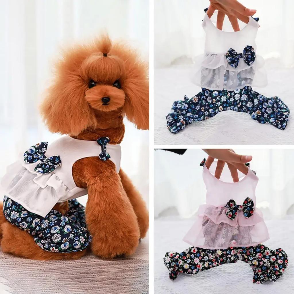 New Excellent Soft Texture Dog Jumpsuit Thin Decorative Floral Printed Pet Bowknot Summer Clothes Overalls for Dogs