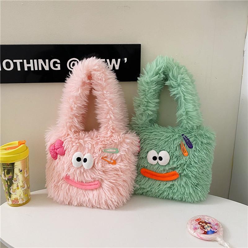 2025 winter ugly cute plush children's handbag student cartoon cute furry large capacity storage shoulder bag