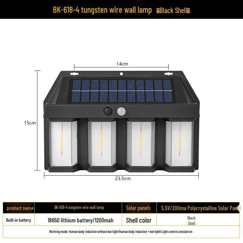 Solar Outdoor Wall Light with Human Body Sensor, Three Modes, Tungsten Filament, Waterproof for Garden or Villa Night Lighting.