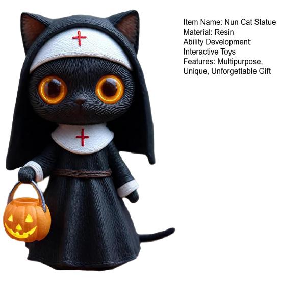 Halloween Nun Cat Statue Black Cat Figurine with Pumpkin Bucket Gothic Witchy Decor Fantasy Collectible Sculpture for Cat Lovers