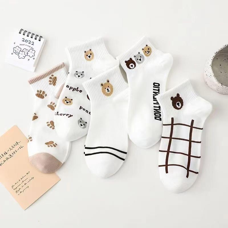 5Pairs Women's Spring and Summer New Short Cotton Socks Japanese Sweet Casual Cartoon Couple Boat Socks