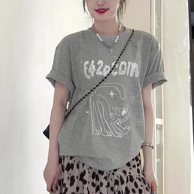 Estate 100% cotone Donna divertente cartone animato Stampato T-Shirt harajuku Scollo a O larga Casual Y2K Top magliette ragazza giovane grigio streetwear