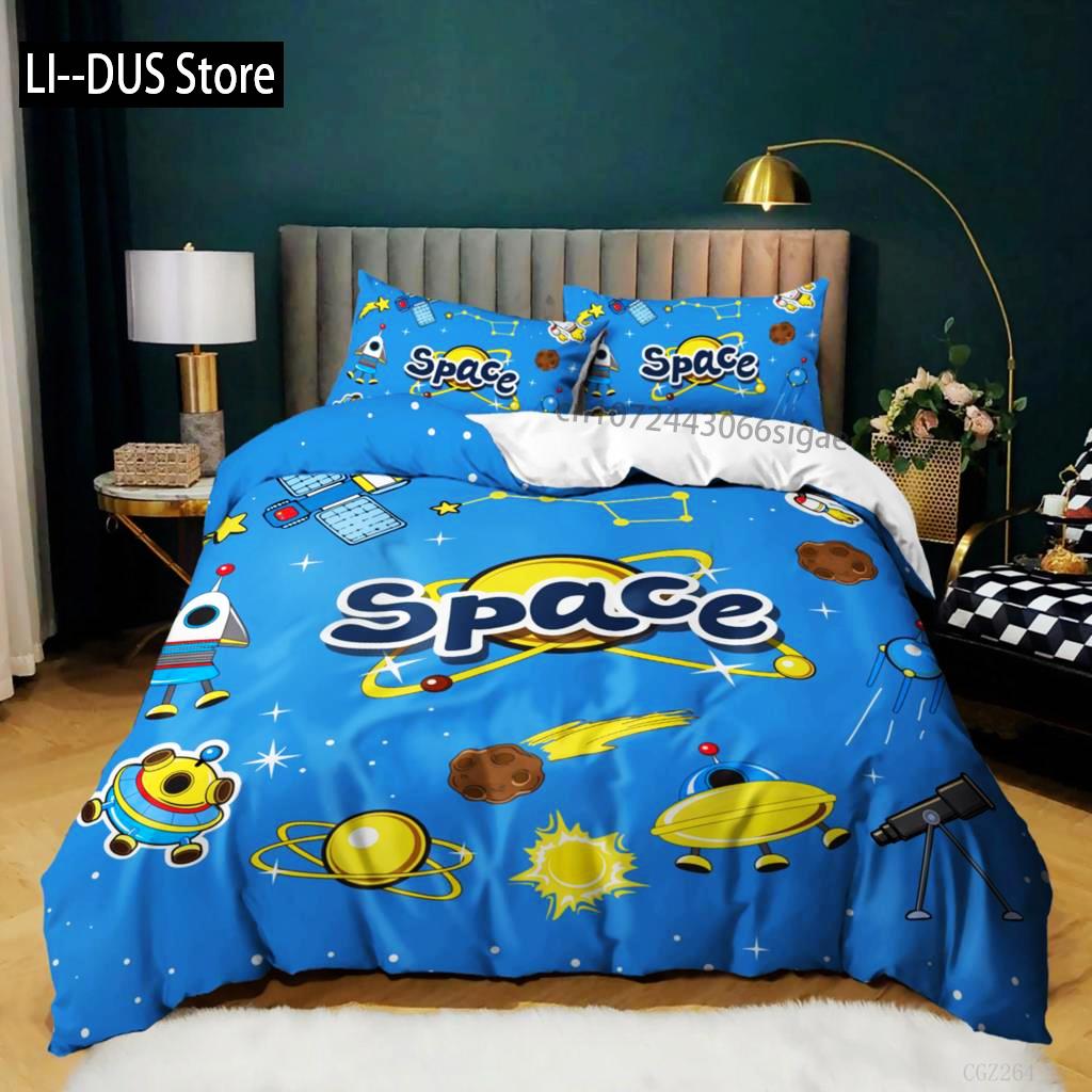 Bettbezug mit Raumschiffen für Jungen und Kinder, Astronomie-Bettwäscheset aus Mikrofaser, Weltraum-Abenteuer, farbenfroher Raumschiff-Bettbezug für Kingsize-Bett