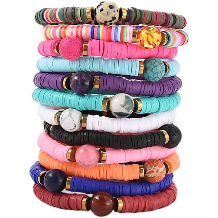 12pcs Friendship Bracelets Beaded Bracelets Heishi Bracelet Cute Bracelets Stack Vinyl Clay Disc Bead Surfer Stretch Summer Beach Bracelets For Women
