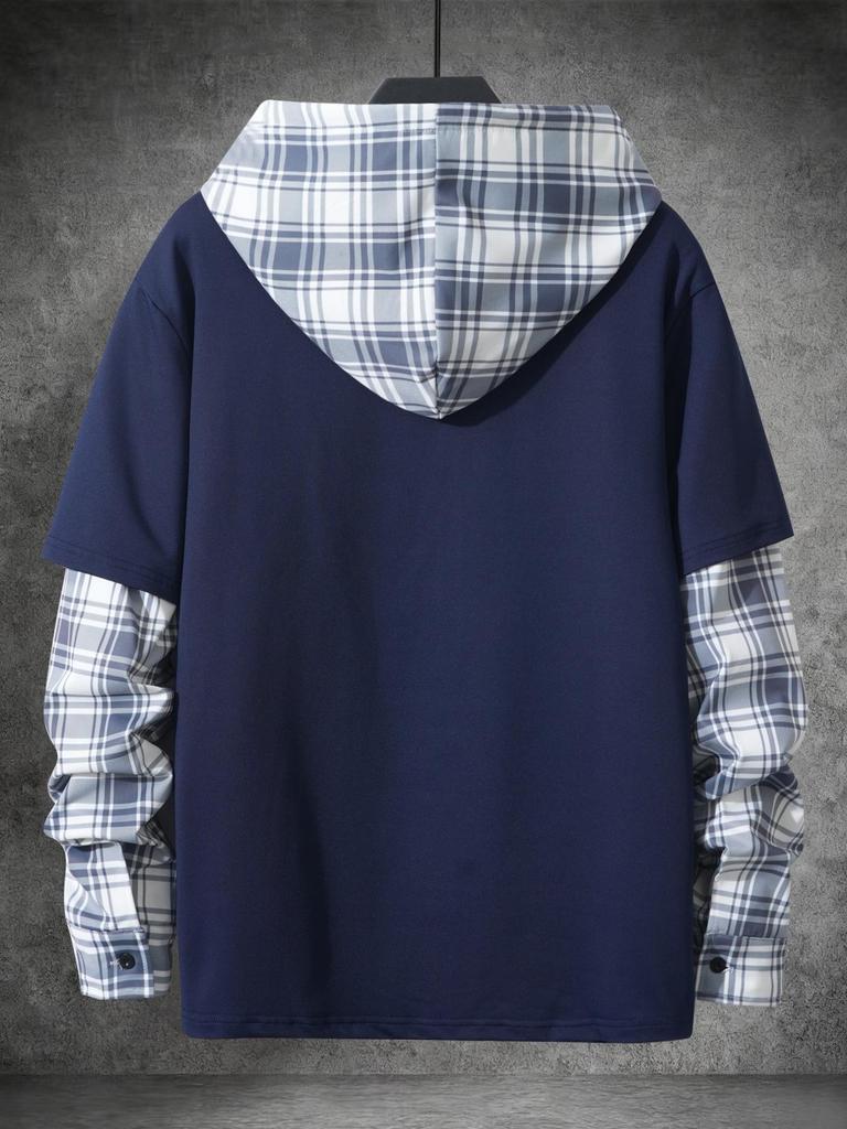 2025 Men's Plaid and Solid Color Hooded Long Sleeve Sweatshirt for Spring and Autumn